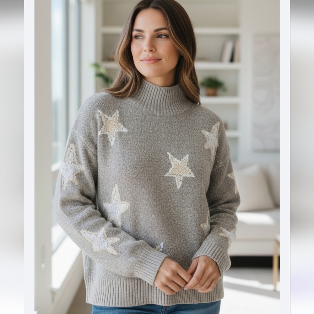Mod Lusive Womens Mock Neck Tan Star Print High Low Sweater Size XL